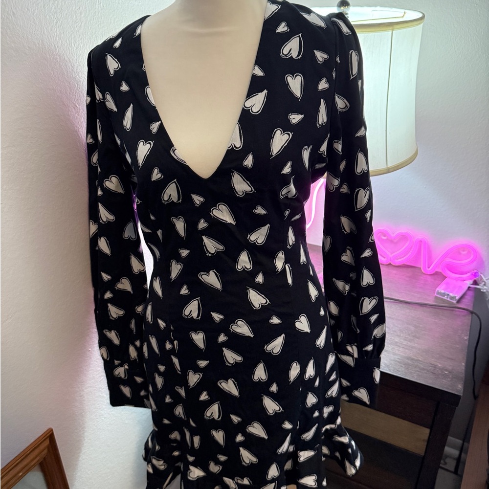 Bebe Black Sheath Dress with Plunge Neckline and Bishop Sleeves